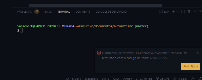 Erro terminal Vs Code - Assuntos Gerais - GUJ